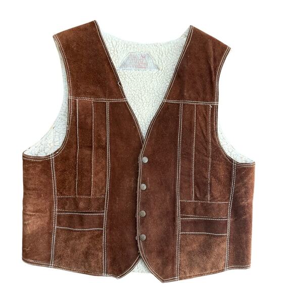 Vintage Genuine Suede Leather Sherpa Lined Button Front Ranch Chore Vest Size 46 - Picture 1 of 4
